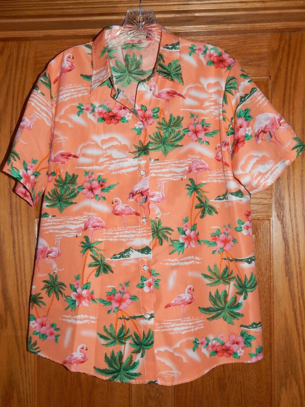 SSLR Women's Collection Size Large L Tropical Flamingo Beach Hawaiian Button Top